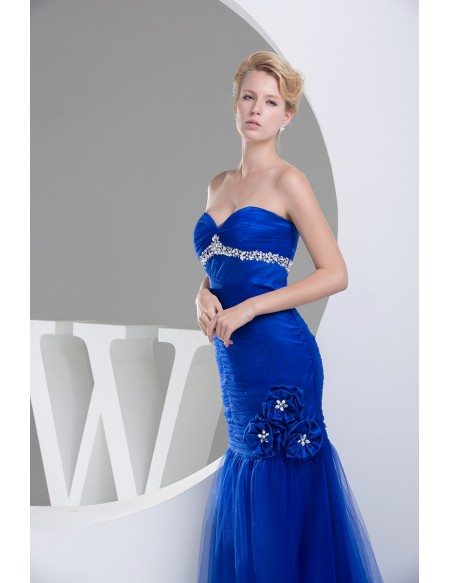 Royal Blue Long Tulle Mermaid Prom Dress with Beading