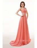 A-Line One-Shoulder Sweep Train Chiffon Prom Dress With Beading Appliques Lace