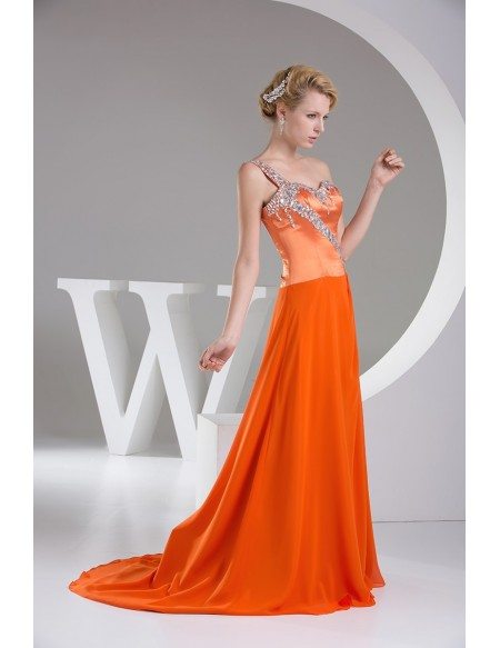 Beaded One Shoulder Orange Long Train Prom Dress