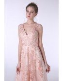 A-Line V-neck Sweep Train Tulle Prom Dress With Appliques Lace
