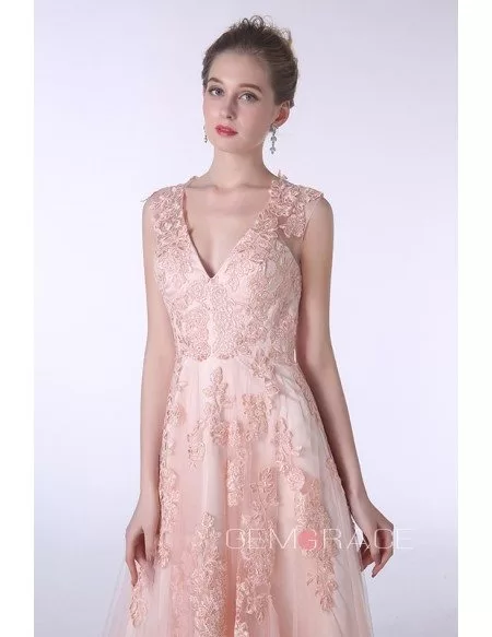 A-Line V-neck Sweep Train Tulle Prom Dress With Appliques Lace