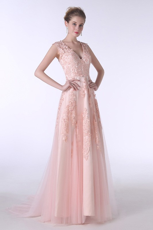 A-Line V-neck Sweep Train Tulle Prom Dress With Appliques Lace #CY0183 ...