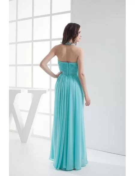 Sequined Long Halter Blue Chiffon Bridal Party Dress