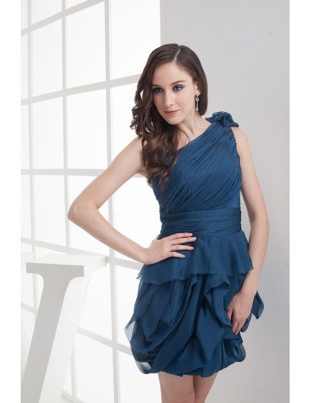 Ink Blue One Strap Ruffled Short Bridal Party Dress