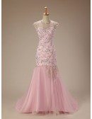 Mermaid Scoop Neck Court Train Tulle Prom Dress With Beading