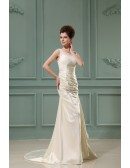 Sheath Scoop Neck Sweep Train Satin Evening Dress With Lace