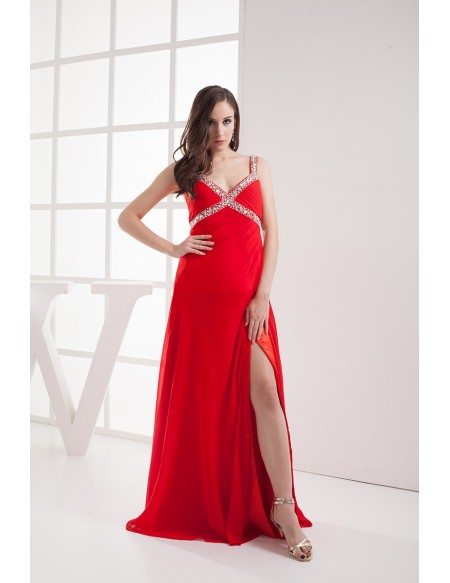 Classic Split Front Sequined Straps Red Prom Dress
