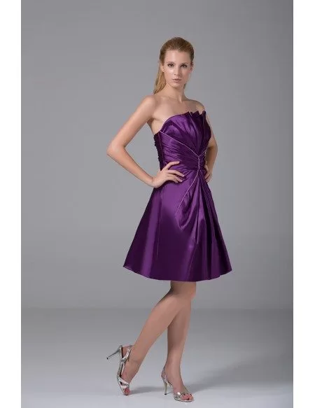 Purple Satin Pleated Short Bridesmaid Dress Strapless
