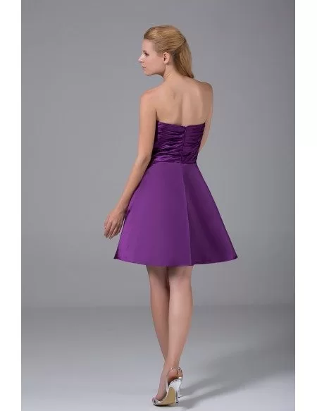 Purple Satin Pleated Short Bridesmaid Dress Strapless