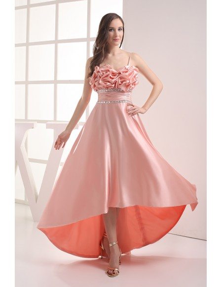 Pink Silky Satin High Low Prom Dress with Straps