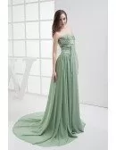 Beaded Sage Green Long Train Chiffon Prom Dress