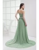 Beaded Sage Green Long Train Chiffon Prom Dress