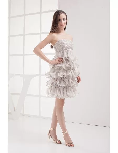 Strapless Grey Beaded Chiffon Ruffles Prom Dress