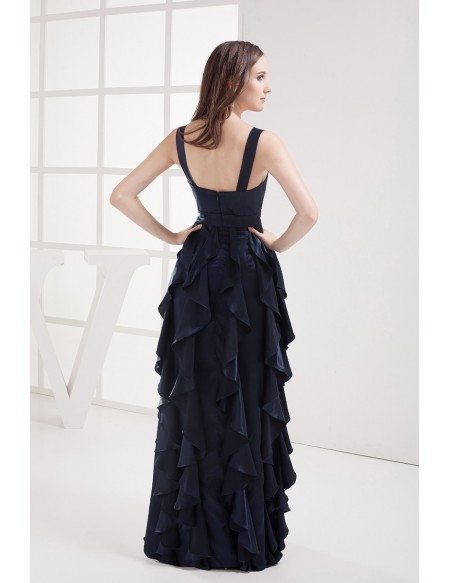 Navy Blue Cascading Ruffle Long Bridal Party Dress