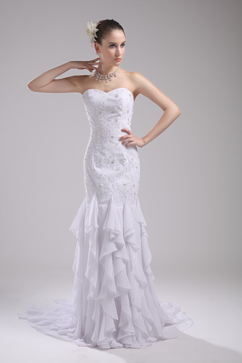 Cascading Ruffle Fitted Mermaid White Wedding Dress #OP4045 $168.7 ...