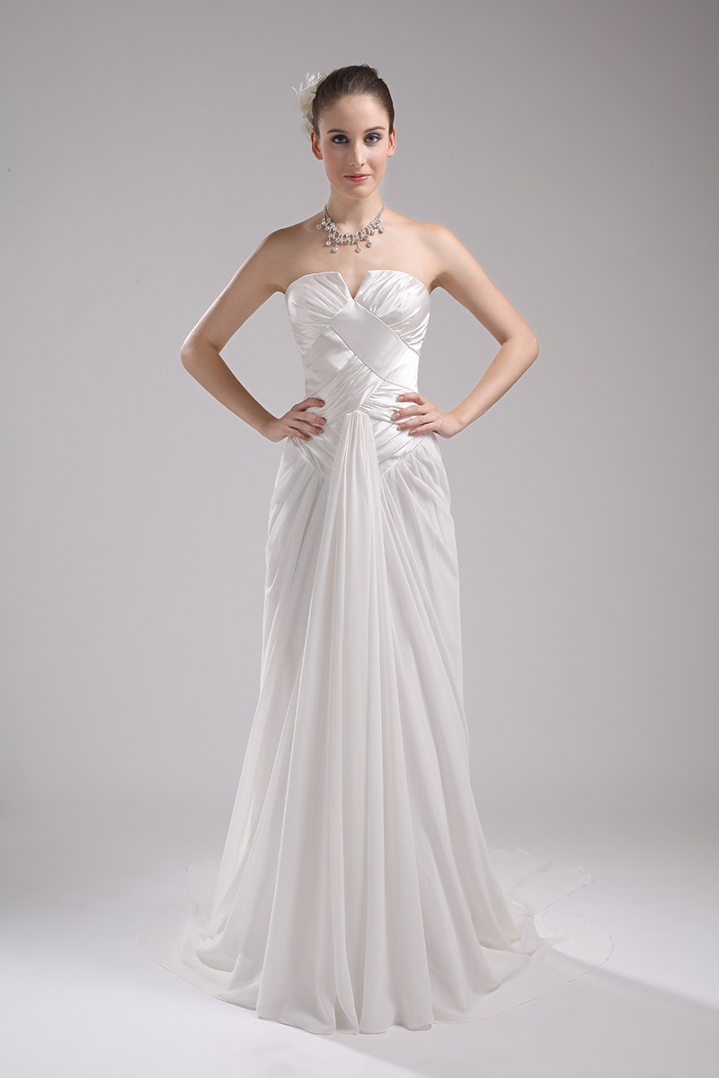 Pleated Satin and Chiffon White Aline Wedding Dress #OP4050 $155.6 ...
