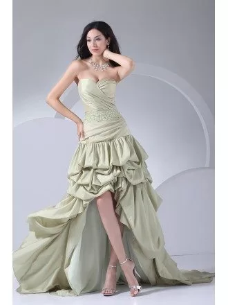 Sage Green Sweetheart Ruffled High Low Prom Dress with Beading