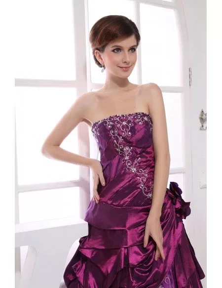 Purple Ball-gown Strapless Floor-length Satin Tulle Wedding Dress With Beading