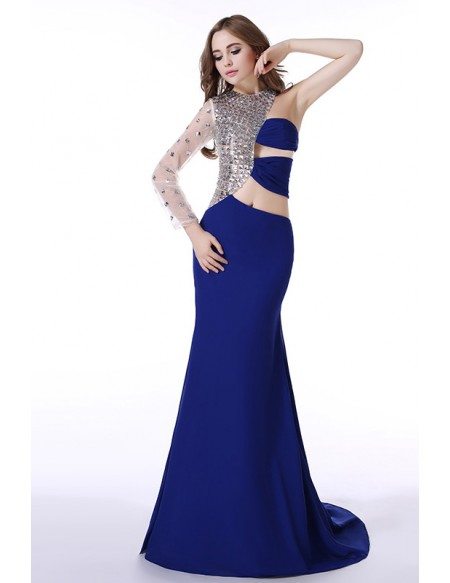 A-Line One Shoulder  Sweep Train Chiffon Prom Dress With Beading