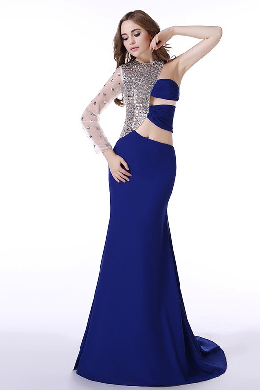 A-Line One Shoulder Sweep Train Chiffon Prom Dress With Beading #CY0191 ...