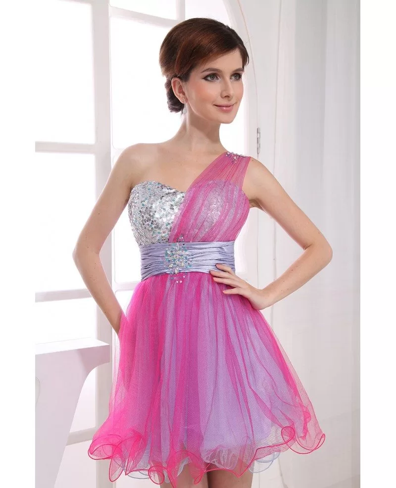 A-line One-shoulder Short Tulle Prom Dress With Sequins #OP3139 $112.1 ...