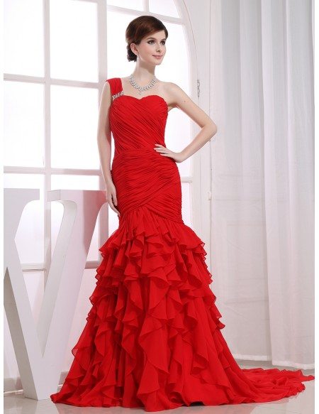 Red Mermaid One-shoulder Sweep Train Chiffon Wedding Dress With ...