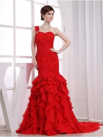 Red Mermaid One-shoulder Sweep Train Chiffon Wedding Dress With Cascading Ruffle