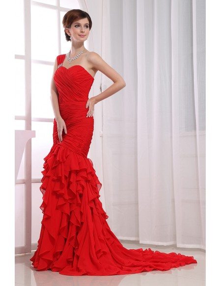 Red Mermaid One-shoulder Sweep Train Chiffon Wedding Dress With ...