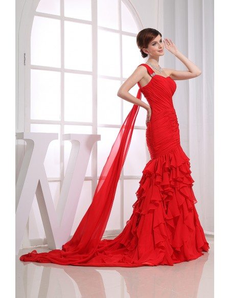 Red Mermaid One-shoulder Sweep Train Chiffon Wedding Dress With 