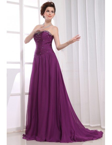 A-line Strapless Sweep Train Chiffon Evening Dress With Beading #OP3180 ...