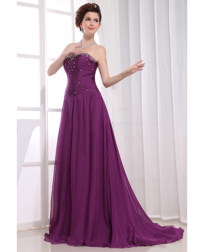 A-line Strapless Sweep Train Chiffon Evening Dress With Beading #OP3180 ...