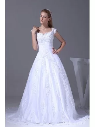Modest Lace Cap Sleeved Ballgown White Wedding Dress
