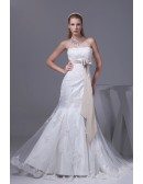 Lace Tulle Mermaid Wedding Dress White with Champagne Sash
