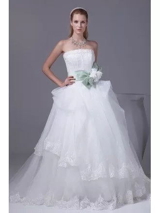Pretty Strapless White and Green Sash Ballgown Wedding Dress