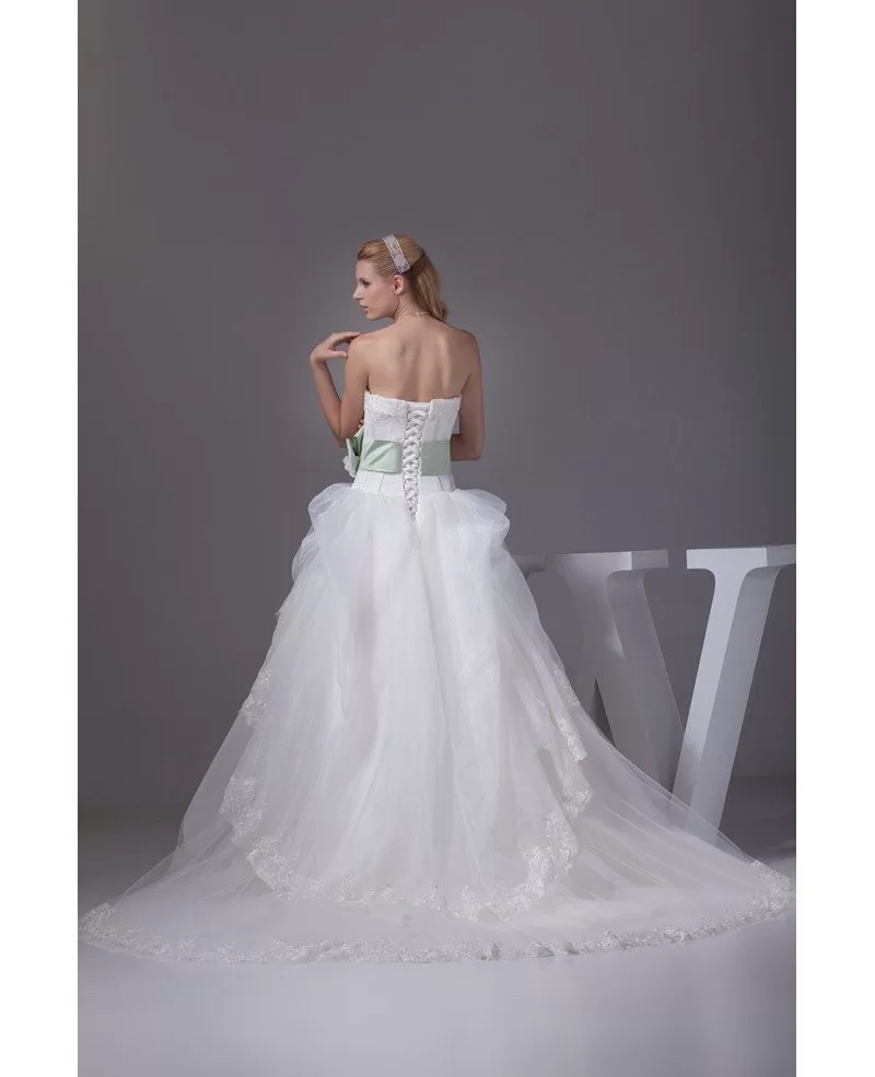 Pretty Strapless White and Green Sash Ballgown Wedding Dress #OPH1018