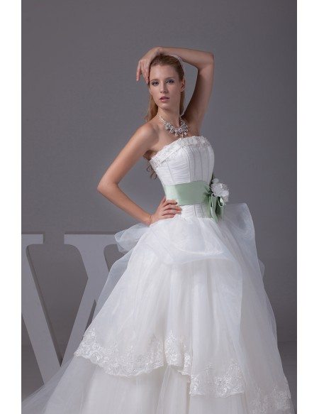 Pretty Strapless White and Green Sash Ballgown Wedding Dress