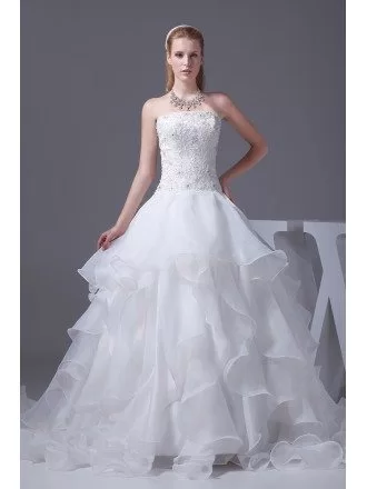 Beaded Lace Strapless Ivory Cascading Ruffles Wedding Dress