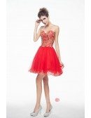 Red Mini/Short Strapless Beaded Top Tulle Sparkly Puffy Prom Dress
