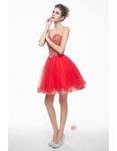 Red Mini/Short Strapless Beaded Top Tulle Sparkly Puffy Prom Dress