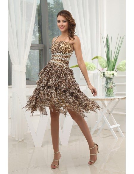 Printed A-line One-shoulder Knee-length Chiffon Prom Dress With Beading