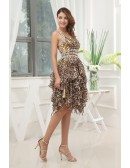 Printed A-line One-shoulder Knee-length Chiffon Prom Dress With Beading