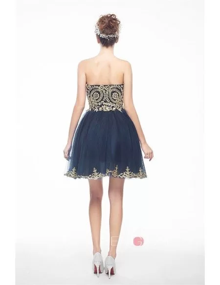 Navy Blue Mini/Short Strapless Beaded Top Tulle Sparkly Puffy Prom Dress