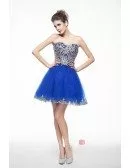 Royal Blue Mini/Short Strapless Beaded Top Tulle Sparkly Puffy Prom Dress