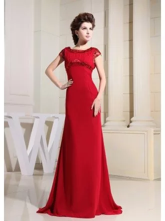 A-line Scoop Neck Sweep Train Chiffon Evening Dress With Lace