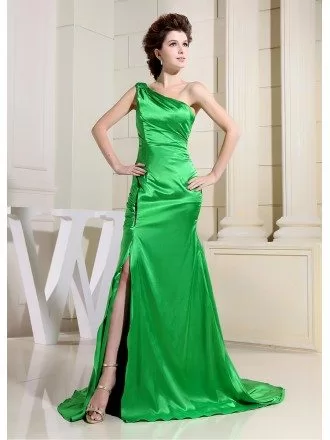 Sheath One-shoulder Sweep Train Satin Evening Dress