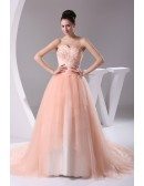 Pink Sweetheart Beaded Train Length Tulle Ballgown Wedding Dress