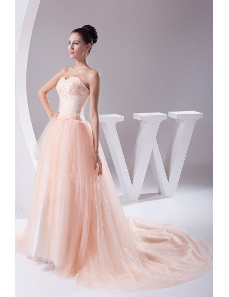 Pink Sweetheart Beaded Train Length Tulle Ballgown Wedding Dress