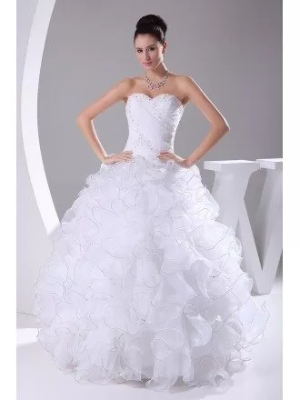 White Sequined Sweetheart Cascading Ruffles Wedding Dress Ballgown
