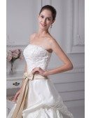 Classic Beaded Taffeta Strapless White with Champagne Sash Wedding Dress