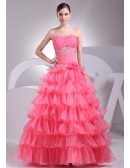 Watermelon Colored Cascading Ruffles Wedding Dress with Bling